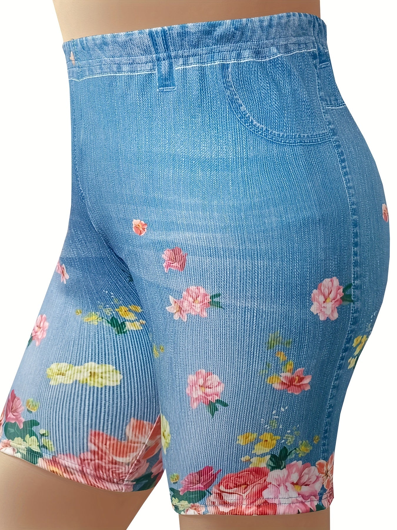  Denim & Floral Print High Rise Skinny Shorts