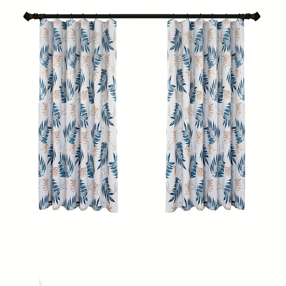 Leaf Printed Blackout Curtain Set with Pleat Hooks