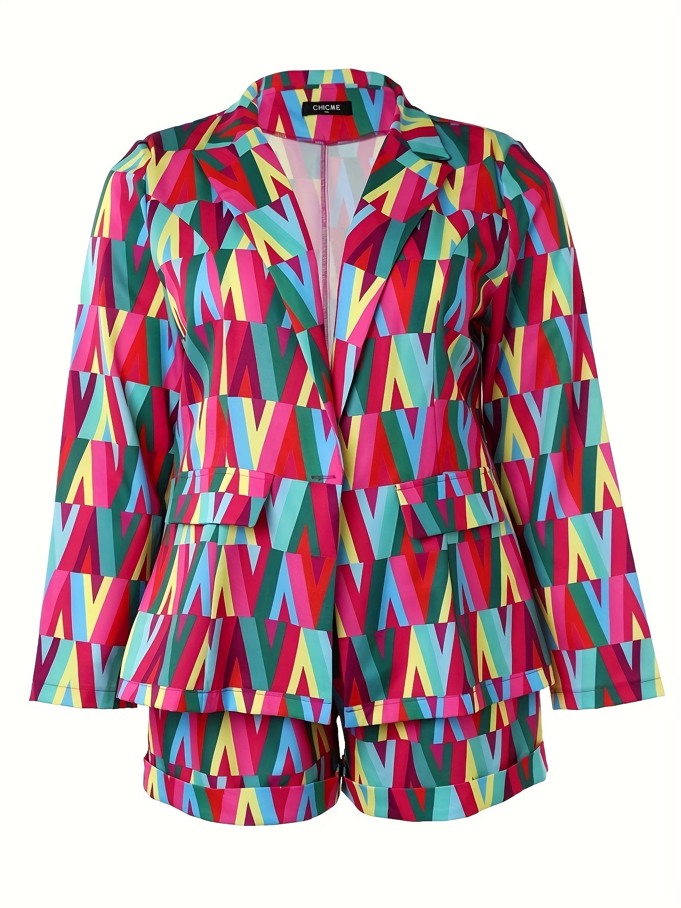  Colorblock Geometric Print Blazer & Shorts Suit Set