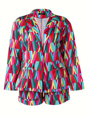  Colorblock Geometric Print Blazer & Shorts Suit Set