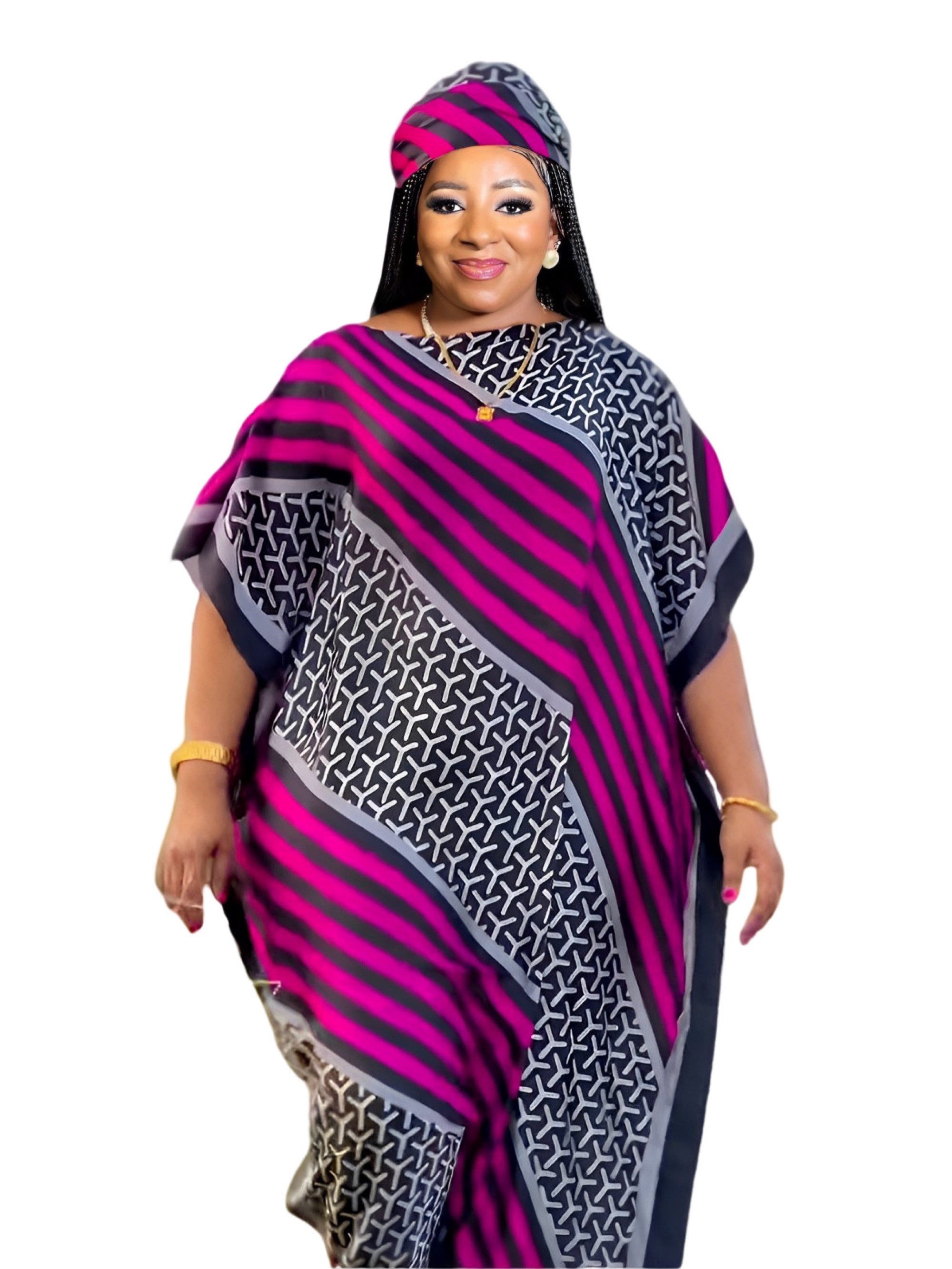  Colorblock Stripe Geometric Print Batwing Kaftan Dress