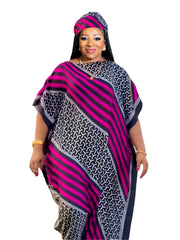  Colorblock Stripe Geometric Print Batwing Kaftan Dress