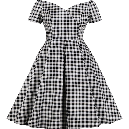  Gingham Print V-Neck A-Line Dress