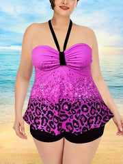  Leopard & Sequin Print Halter Top & Shorts Swimsuit Set