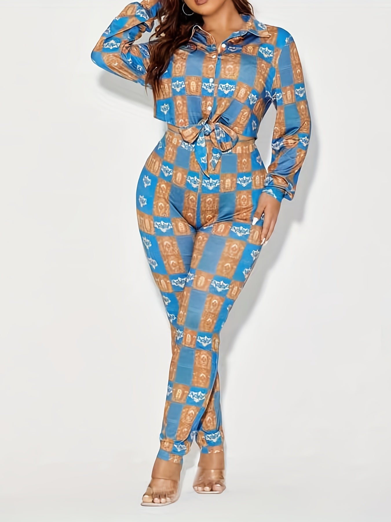  Boho Colorblock Floral Print Top & Leggings 2 Piece Set
