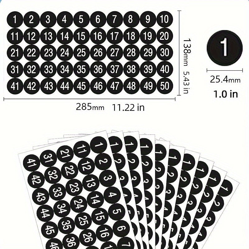 Waterproof Numbered Labels/Stickers 1-50, 6 Colors, Strong Adhesion