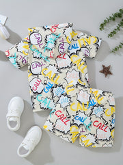 2pcs Little Boy Casual Call Graphic Hooded Short Sleeve Tees & Shorts Set