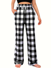 Plaid Elastic Drawstring High Rise Straight Leg Pants