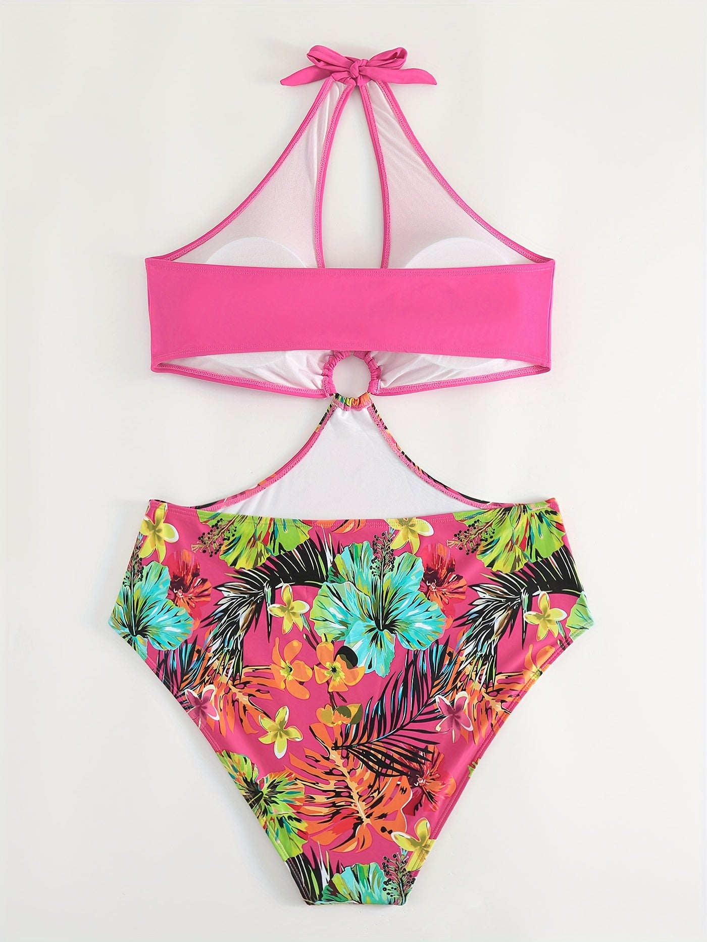  Tropical Print Cut Out Halter One Piece Swimsuit