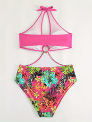  Tropical Print Cut Out Halter One Piece Swimsuit