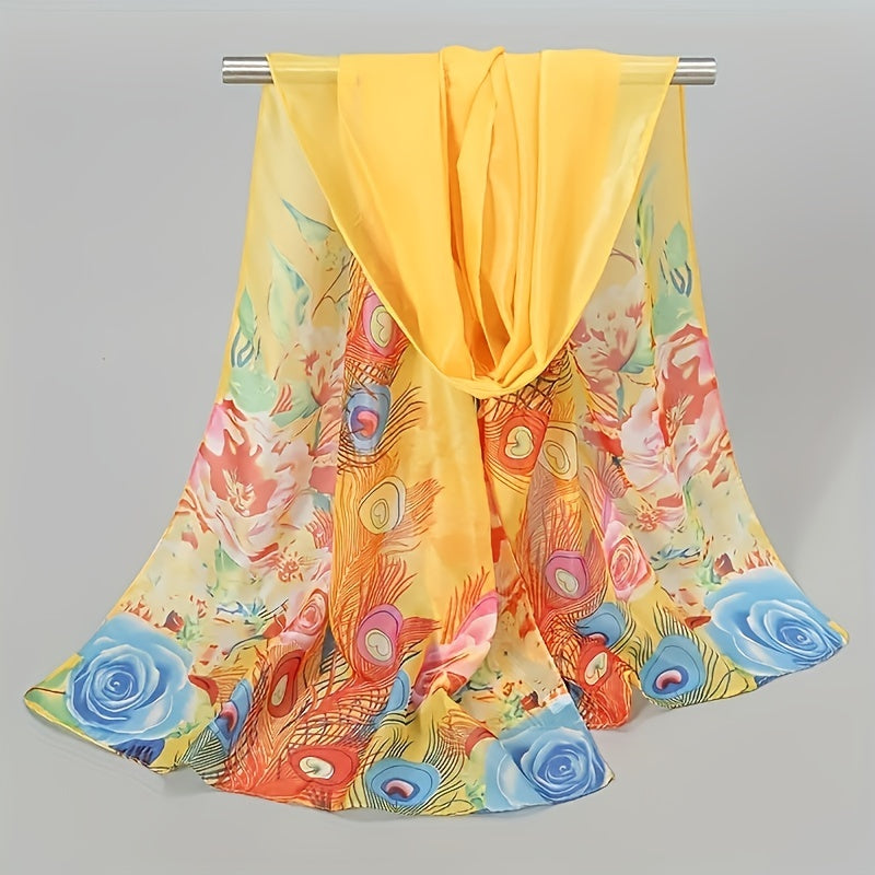 Phoenix Feather Print Chiffon Scarf Boho Shawl Sunscreen Head Wrap