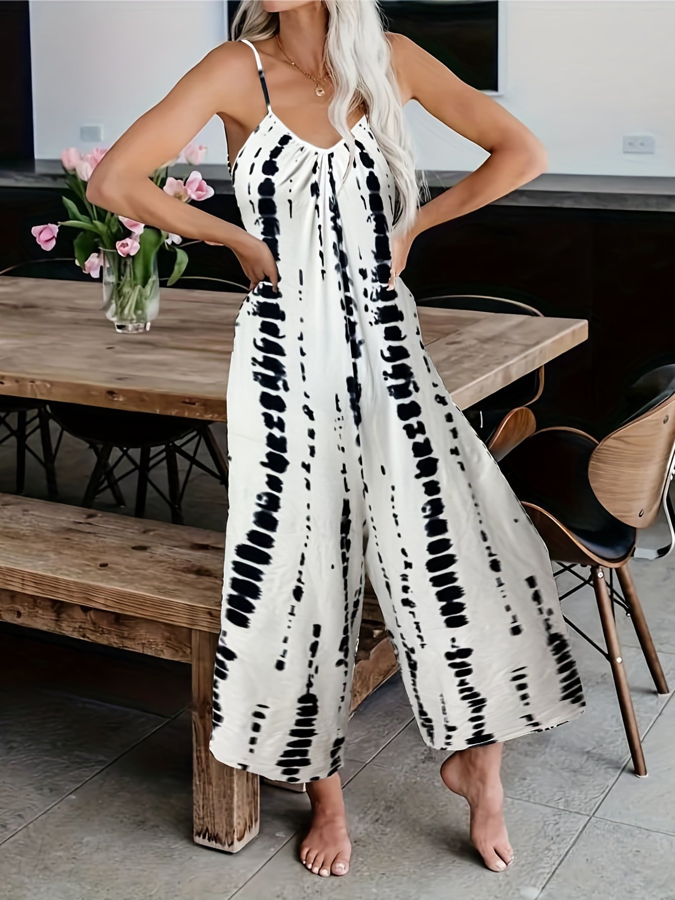  Tie Dye V Neck Jumpsuit Wide Leg
