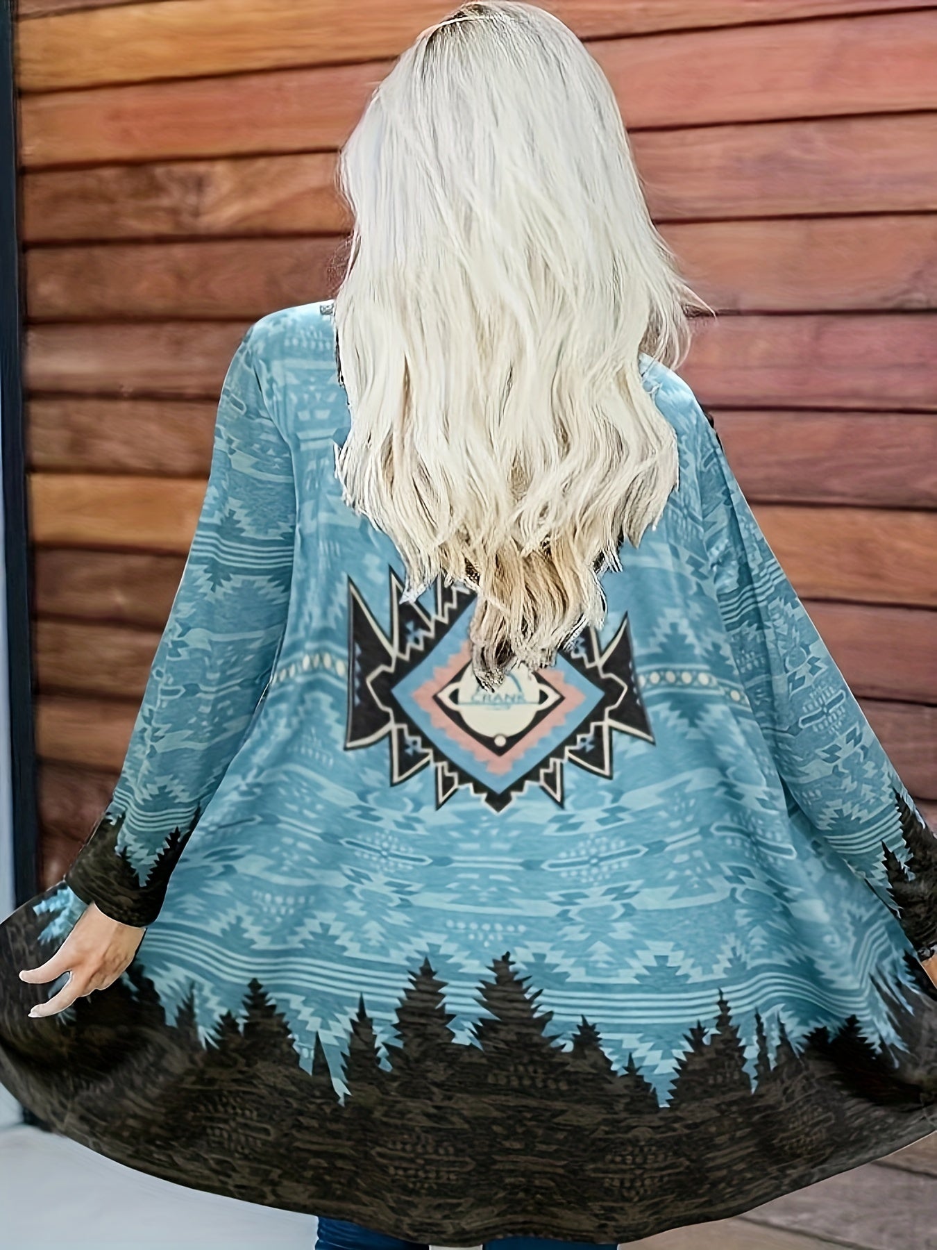 Boho Cardigan Women's Plus Colorblock Print Long Sleeve Open Front