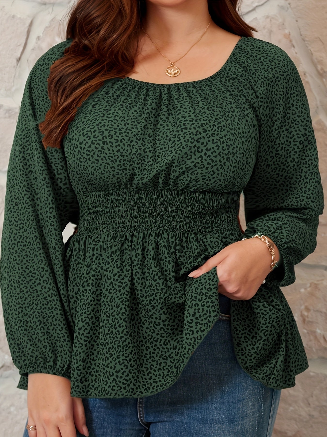  Leopard Print Lantern Sleeve Peplum Top