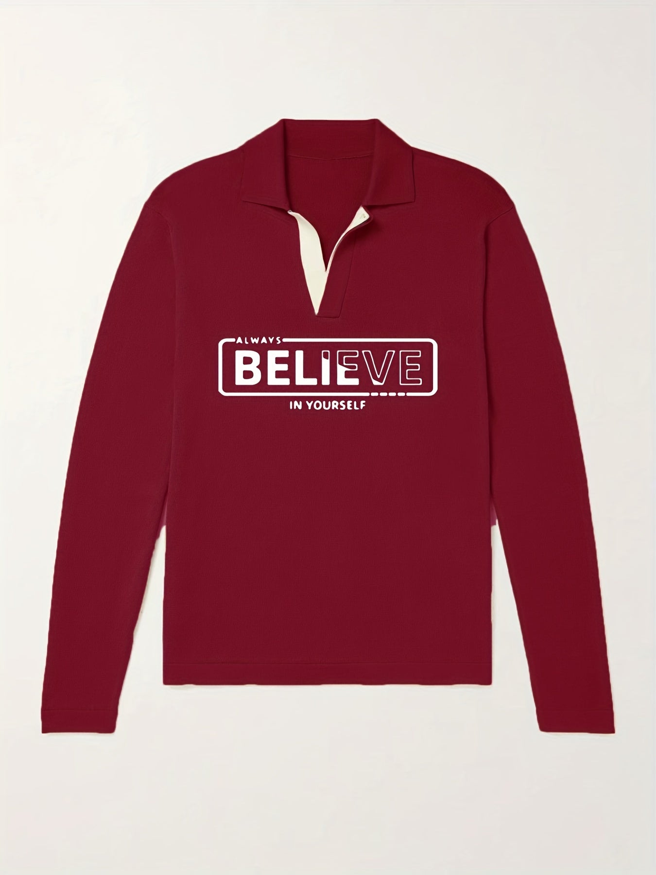 BELIEVE Pattern Knit Polo Shirt Men's Casual Lapel Pullover Sweater