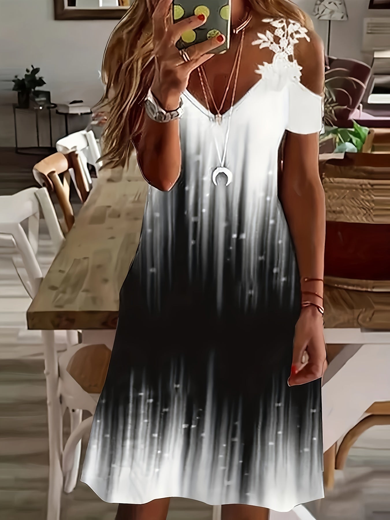  Women's Ombre Print Lace Cold Shoulder Dress