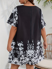  Colorblock Floral Print Mesh Sleeve Dress