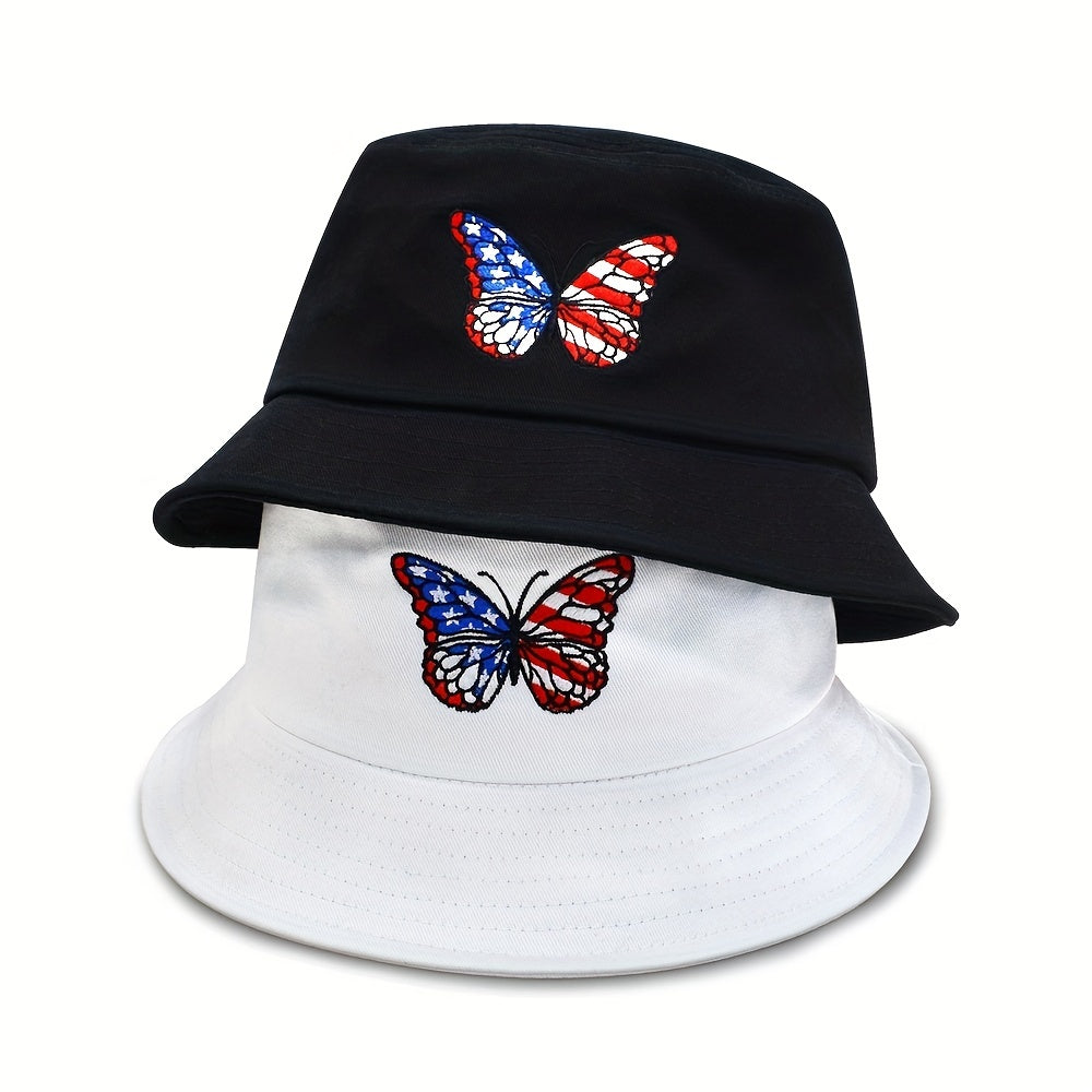 Butterfly Embroidery Bucket Hat Flag Pattern Unisex Basin Hat