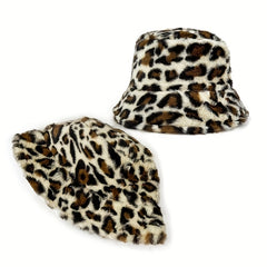 Leopard Print Faux Fur Bucket Hat Winter Warmer Cap
