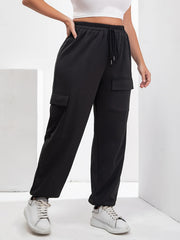  Solid Drawstring Elastic High Rise Cargo Joggers