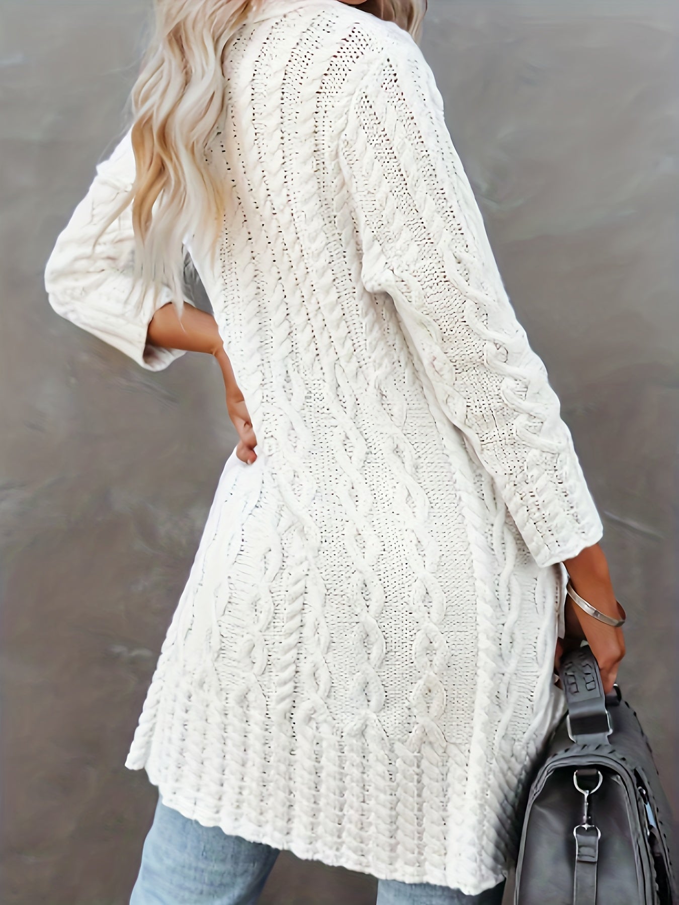  Solid Cable Cardigan Open Front Long Sleeve