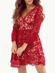  Lace Long Sleeve Surplice Neck Dress
