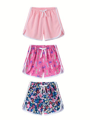 3pcs Girls Cat Floral Print Casual Quick Drying Shorts
