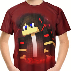 Pixel Character Print Tee Tops Boys Round Neck Casual Short Sleeve T shirt