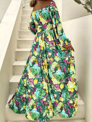Floral Print Off Shoulder Boho Dress V Neck Thigh Slit
