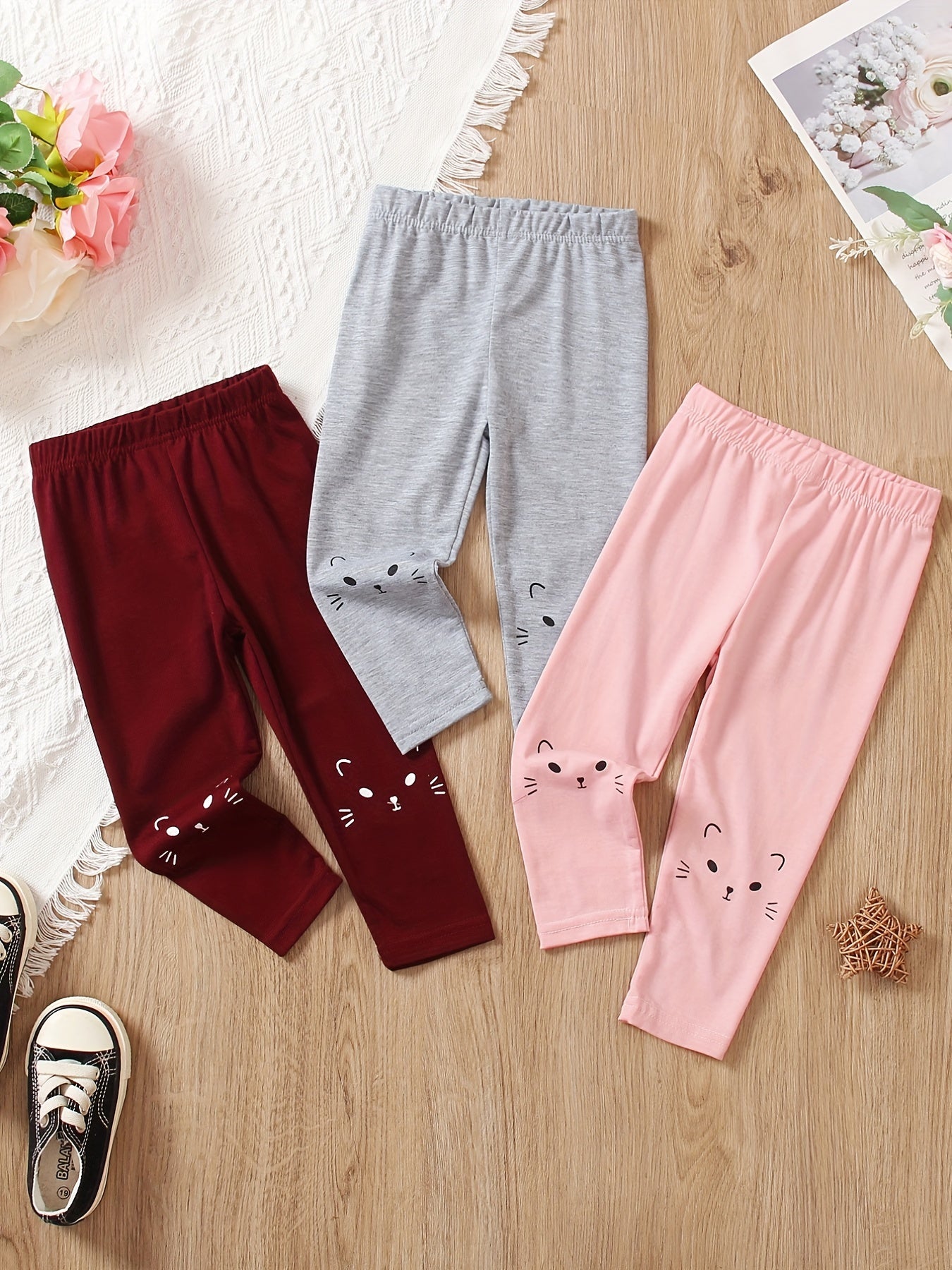 3pcs Girls Cat Print Leggings For Winter