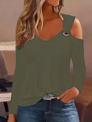  Solid Grommet Cold Shoulder Long Sleeve Top