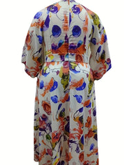  Casual Allover Print Bell Sleeve Maxi Dress With Pockets