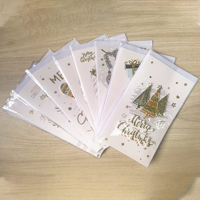 8pcs Merry Christmas Greeting Cards Envelopes Golden Stamping Applique DIY Xmas