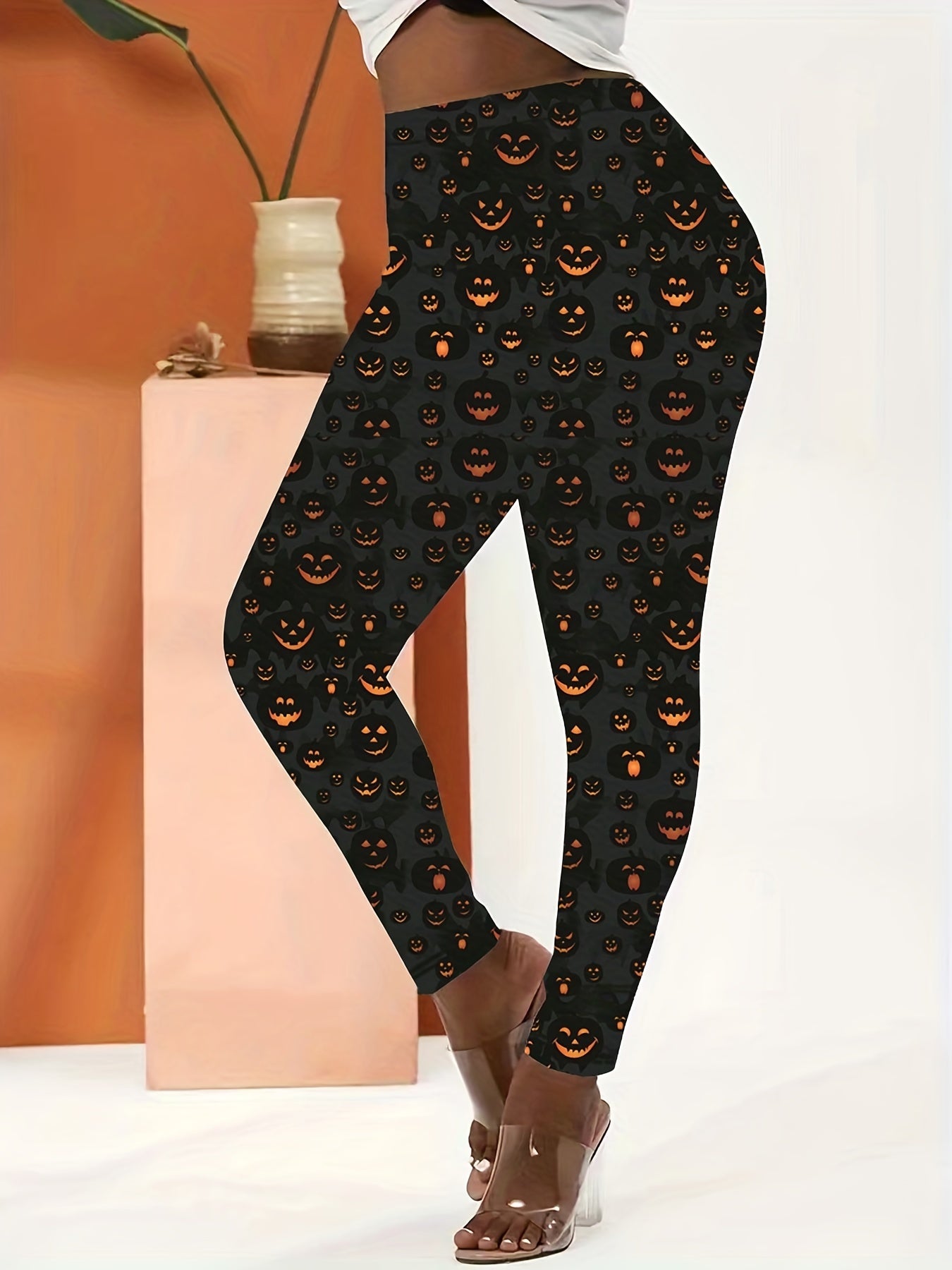  Halloween Leggings Pumpkin Print Casual Leggings