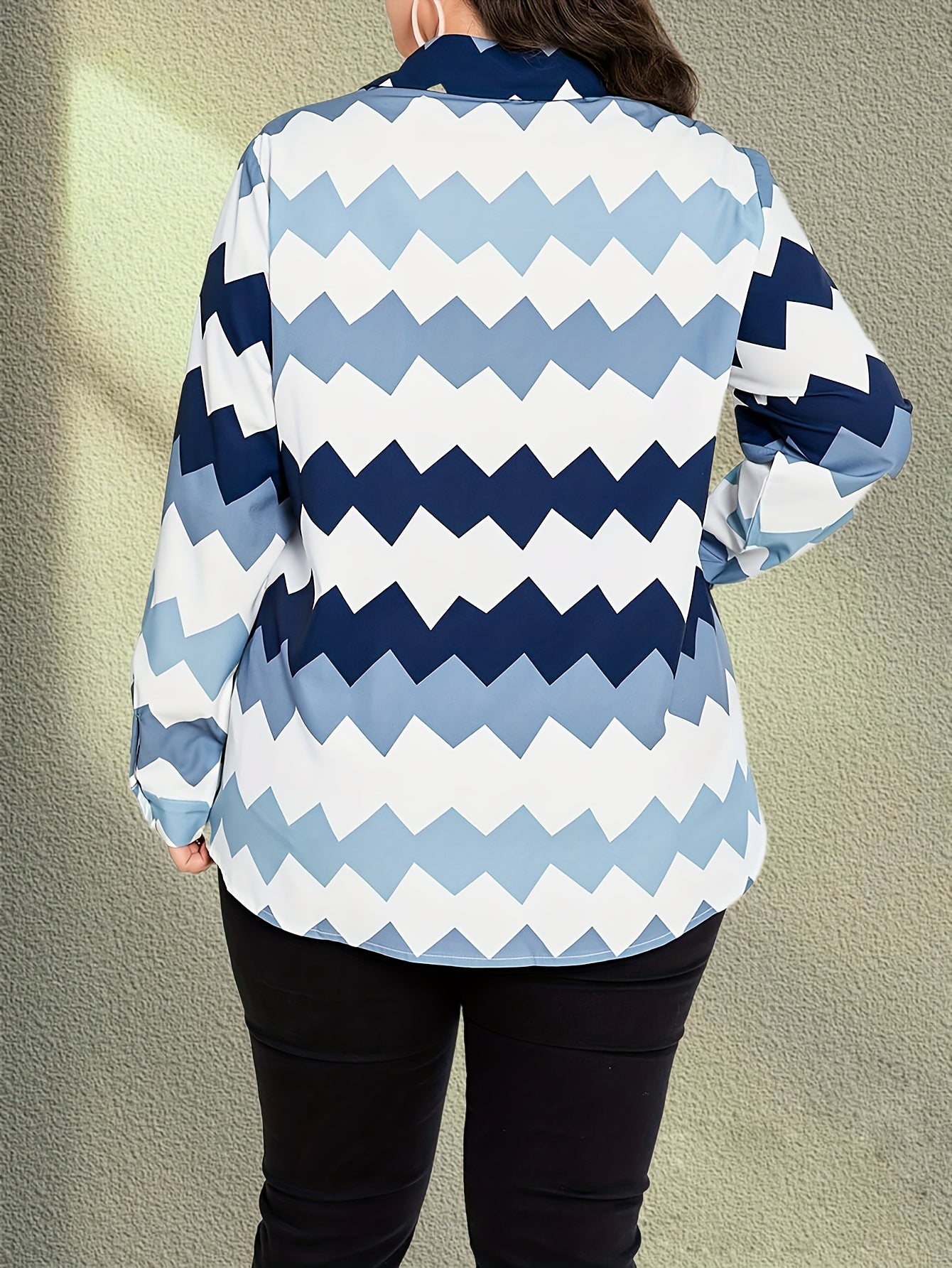  Casual Blouse Women's Plus Colorblock Stripe Print Button Up Long Sle