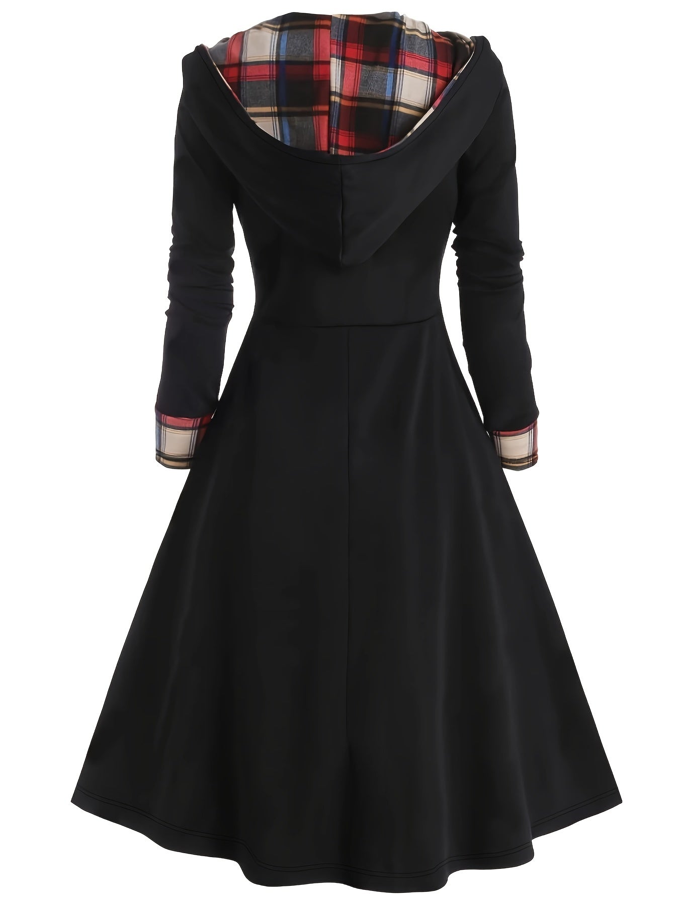  Colorblock Plaid Print Button Hooded Dress
