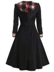  Colorblock Plaid Print Button Hooded Dress