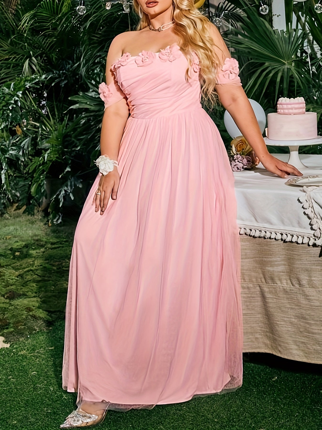  Mesh Off Shoulder Floral Maxi Bridesmaid Dress