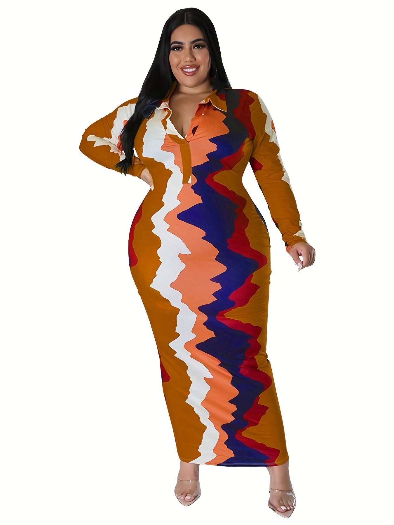 Tie Dye Print V Neck Long Sleeve Maxi Dress Plus Size