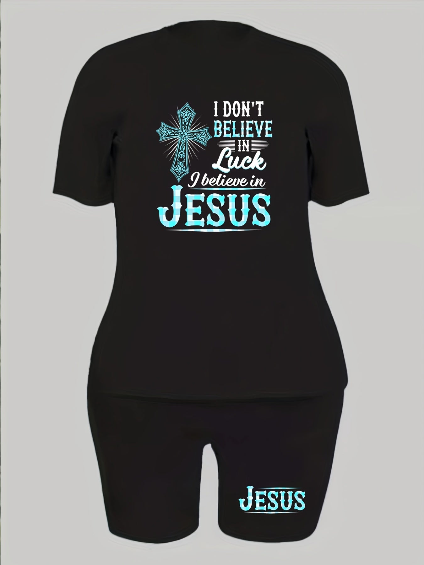  2 Piece Set Women's Cross & Slogan Print Top & Shorts