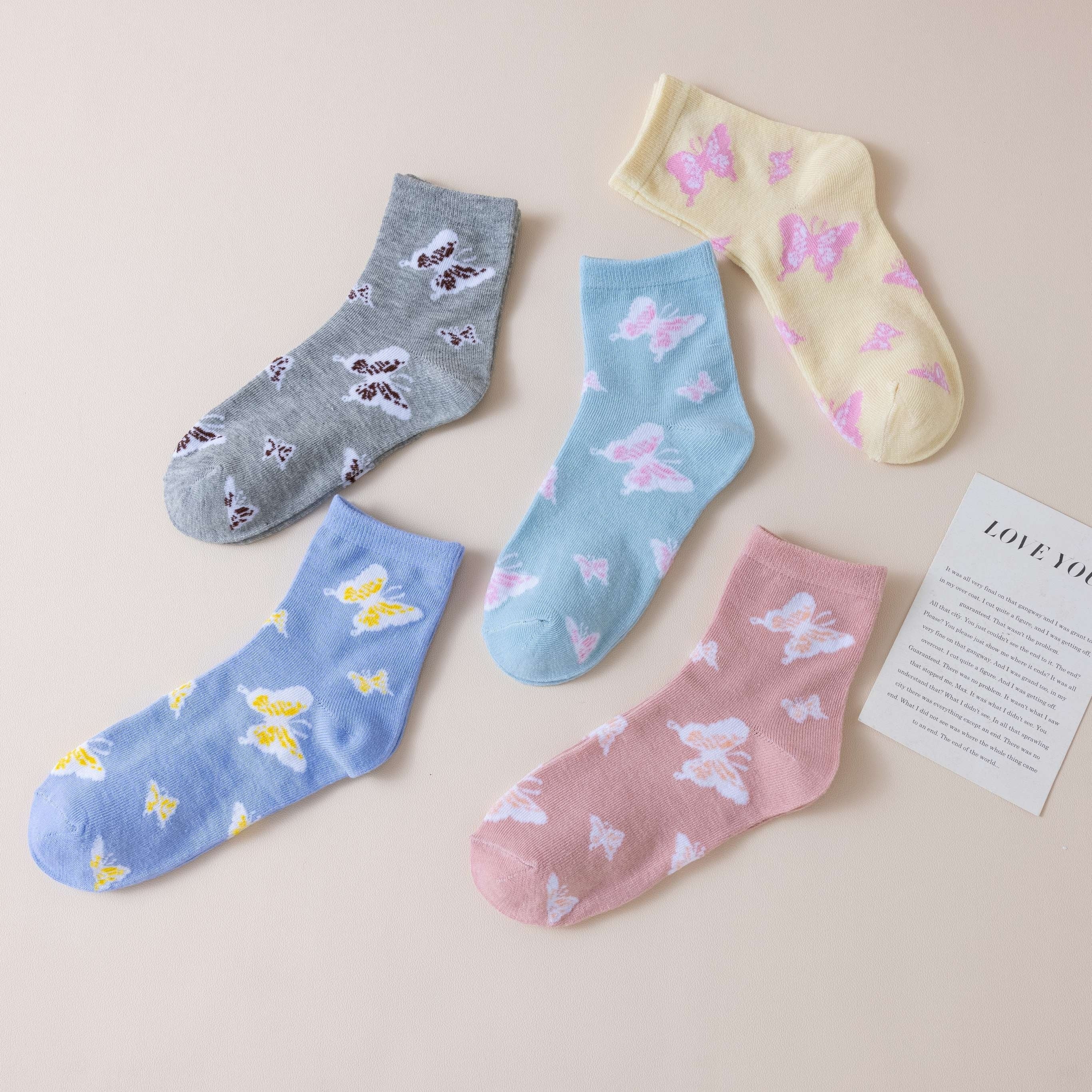 6 Pairs Butterfly Print Socks Comfy & Breathable Mid Tube Women's Stockings