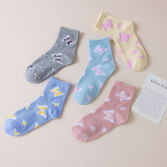 6 Pairs Butterfly Print Socks Comfy & Breathable Mid Tube Women's Stockings