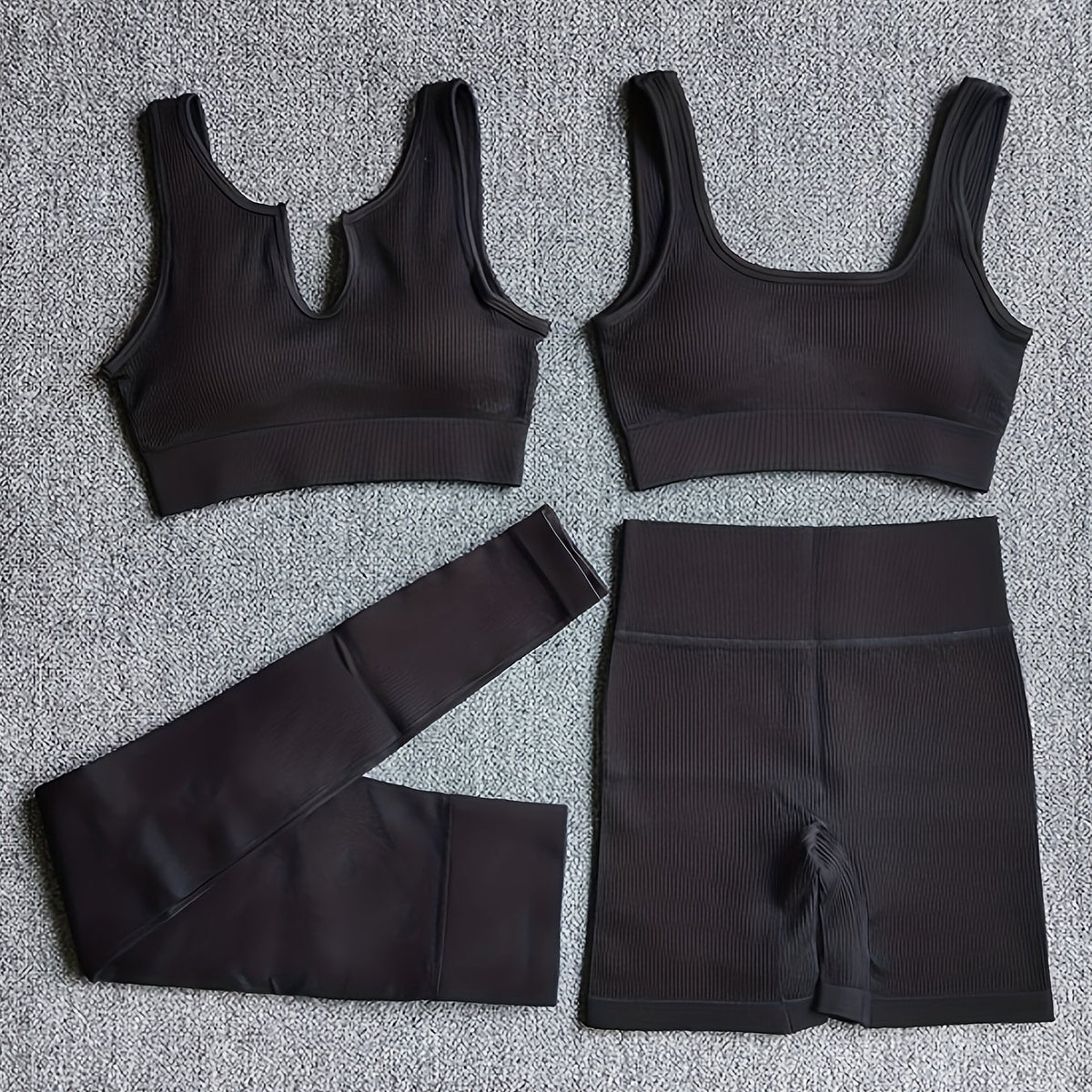 4pcs Yoga Workout Set V neck Sports Bra & Shorts & Legings Women's Activewear