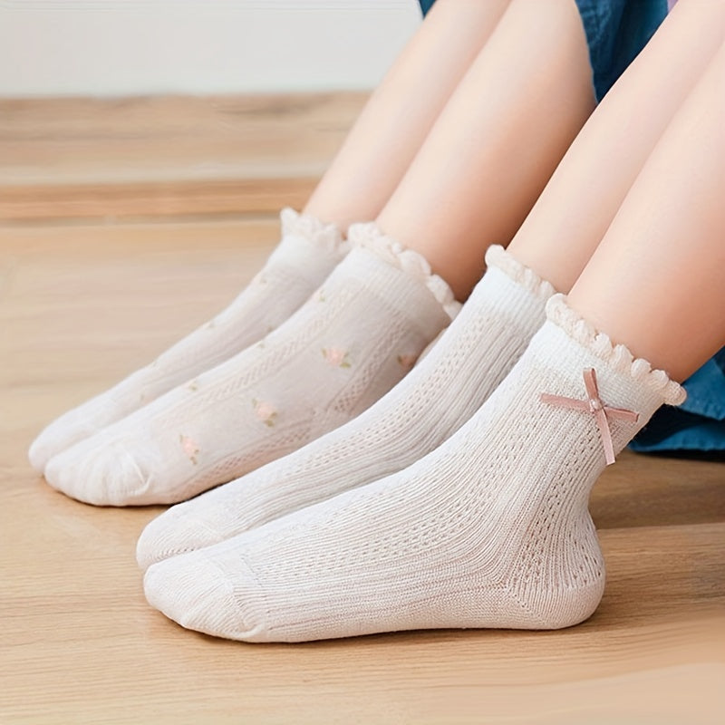 5Pairs Girls Mesh Thin Flower Pattern Bow Knitted Lace Crew Socks