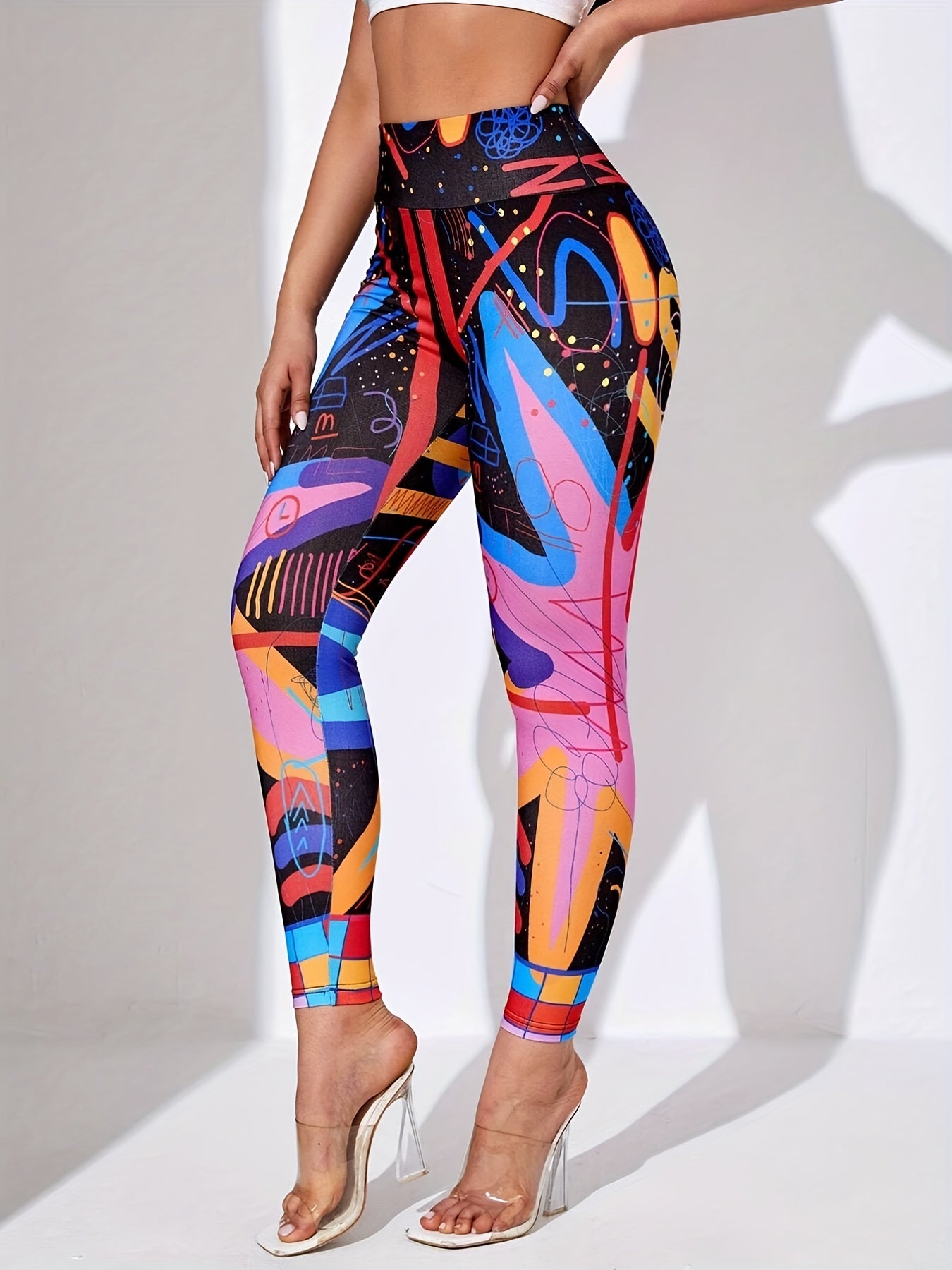 Graffiti Print Skinny Leggings High Waist Stretchy Leggings