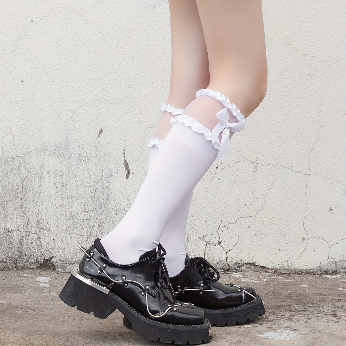 Bow Decor Calf Socks Ruffle Knee High Stockings