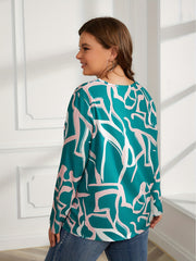  Blouse Women's Plus Print Long Sleeve Notched Neck Top