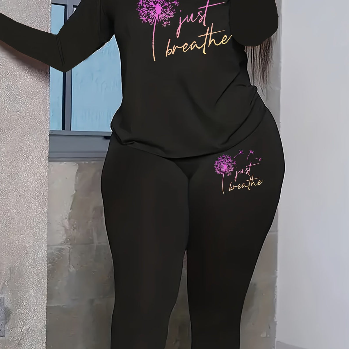 Women's Plus Dandelion & Slogan Print Top & Leggings Outfit