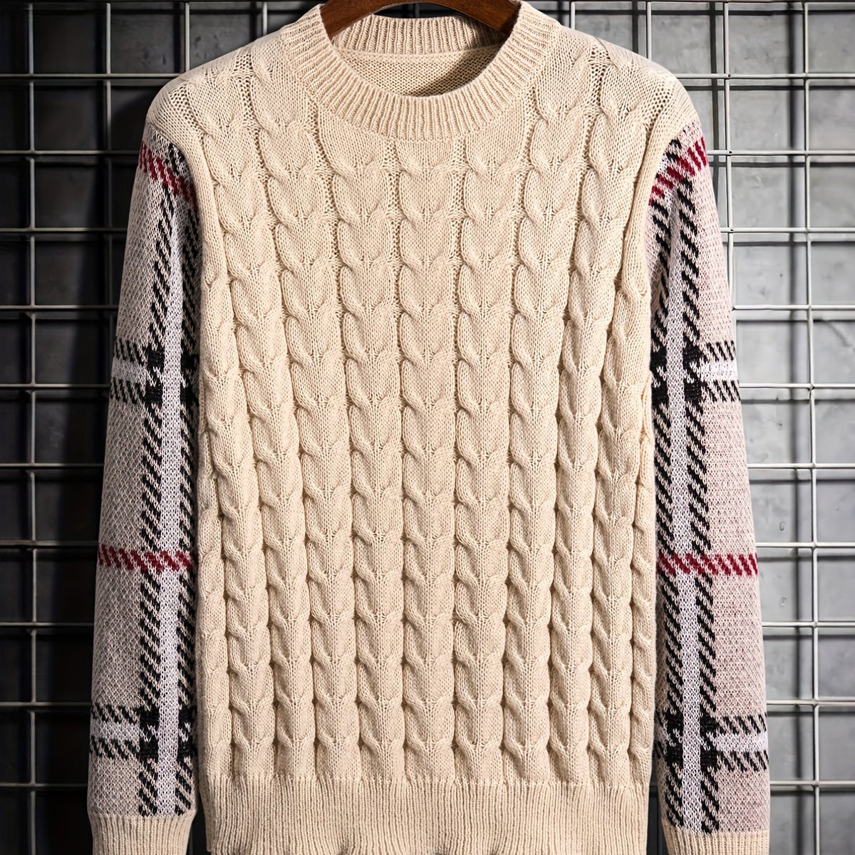 Men's Crew Neck Knitted Sweater - Block Plaid Sleeves - Fall/Winter