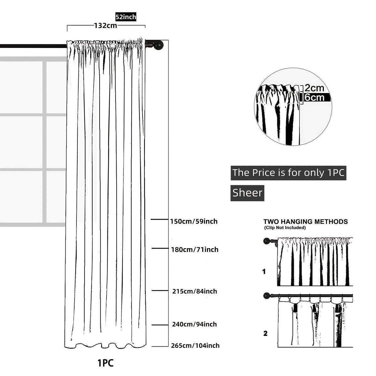Translucent Sheer Curtain with Rod Pocket for Home Decor